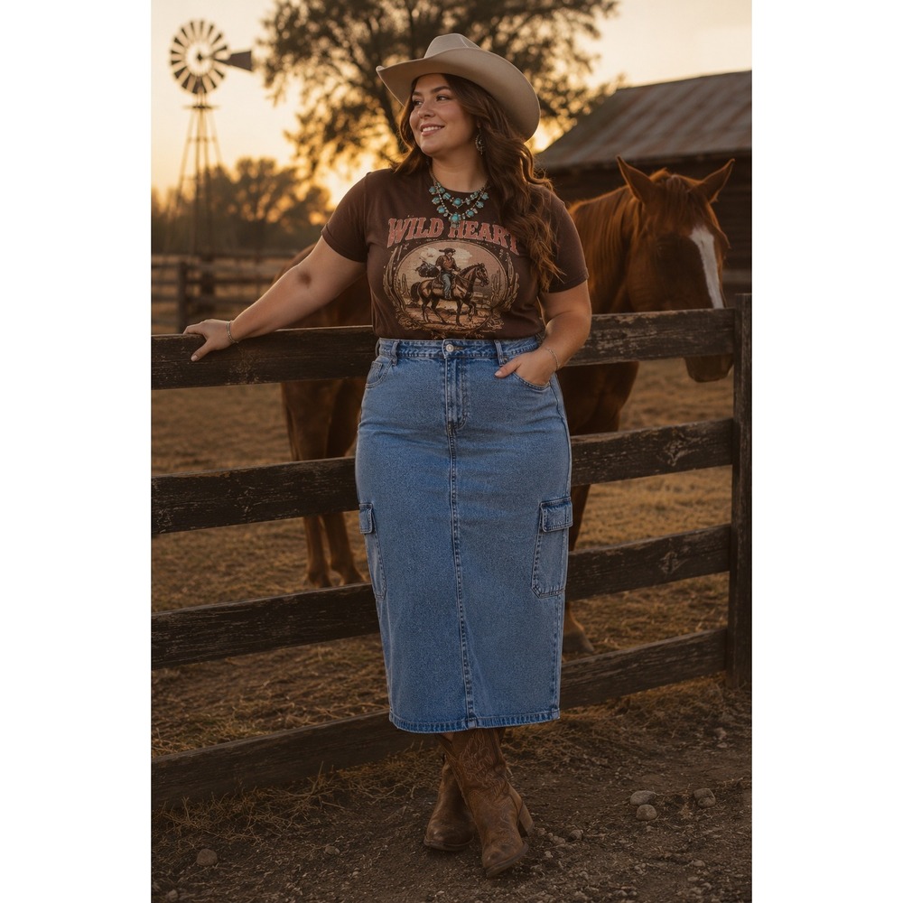 Western Boho Y2K Rodeo 90s Festival Blue Denim Cargo Maxi Plus 18W/20W Skirt